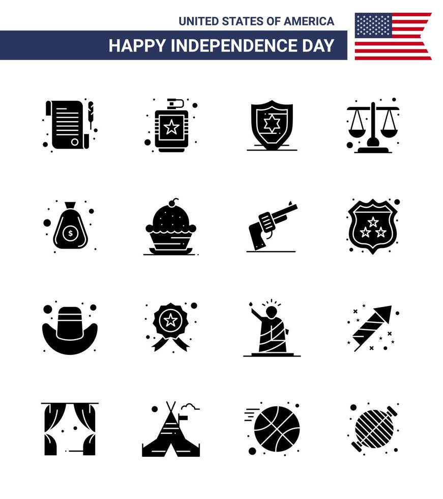 16 signos de glifo sólido de estados unidos celebración del día de la independencia símbolos de bolsa dólar escala americana justicia elementos de diseño de vector de día de estados unidos editables