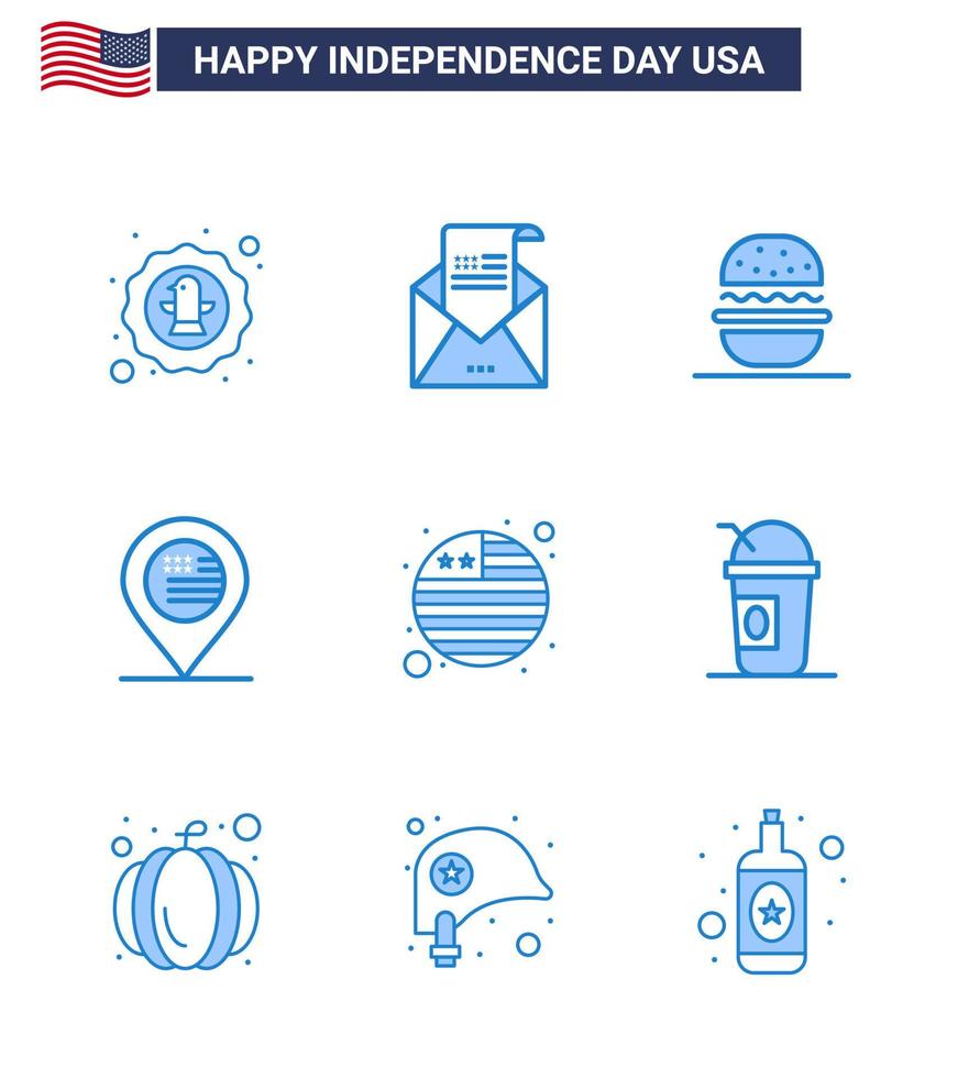 9 señales azules para el día de la independencia de EE. UU. Invitación de ubicación de signo Elementos de diseño de vector de día de EE. UU. Editable americano americano