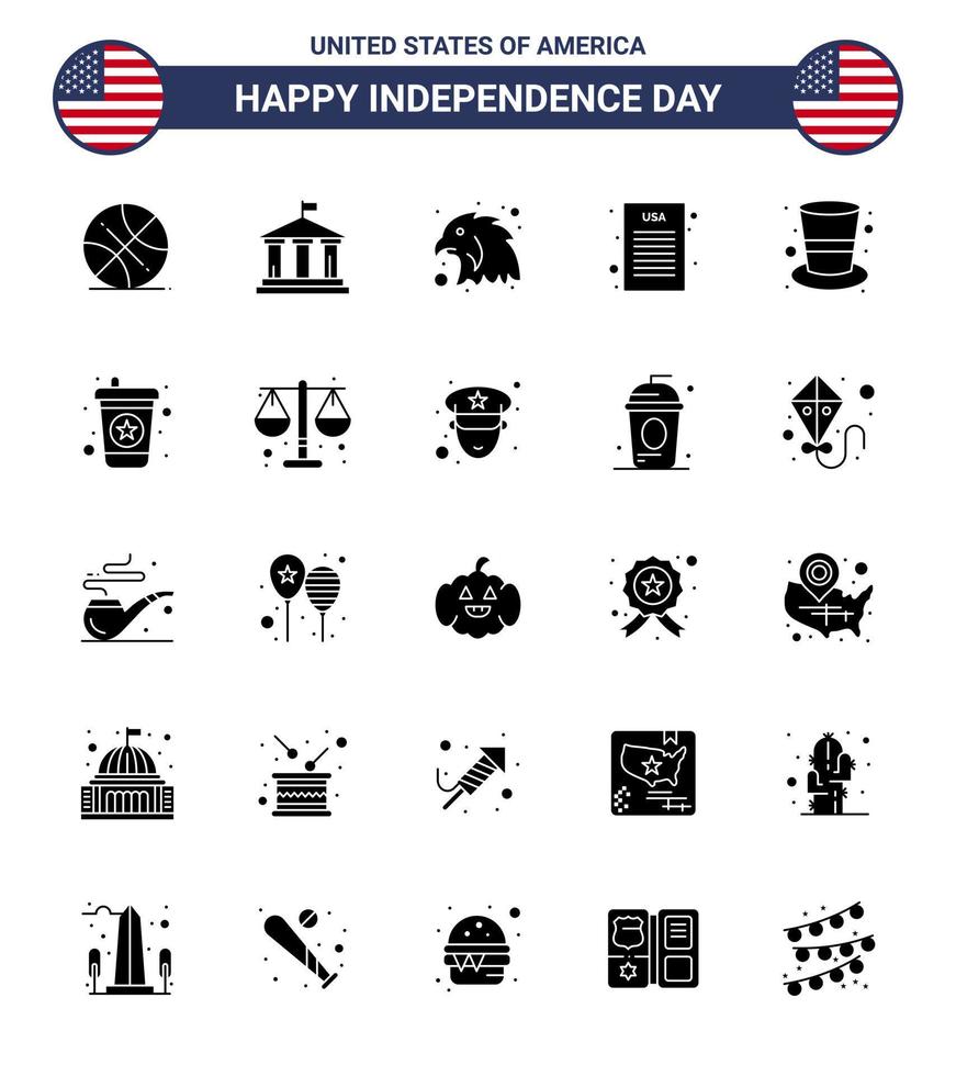 Editable Vector Solid Glyph Pack of USA Day 25 Simple Solid Glyph of magic hat cap animal american declaration of independence Editable USA Day Vector Design Elements