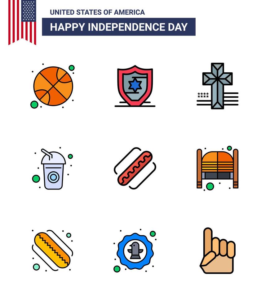 conjunto de 9 iconos del día de los ee.uu. símbolos americanos signos del día de la independencia para los estados cruz americana bebida de américa elementos de diseño vectorial editables del día de los ee.uu. vector