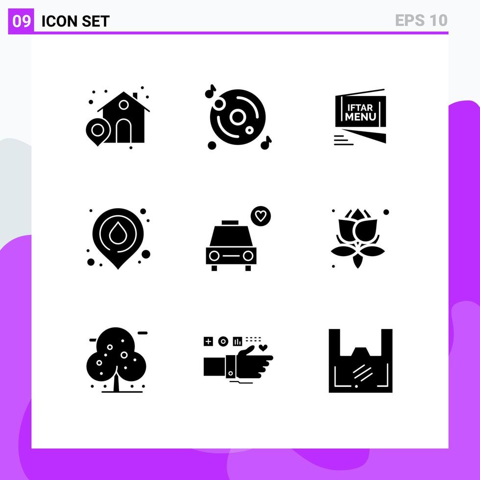 User Interface Pack of 9 Basic Solid Glyphs of love location menu map fire Editable Vector Design Elements