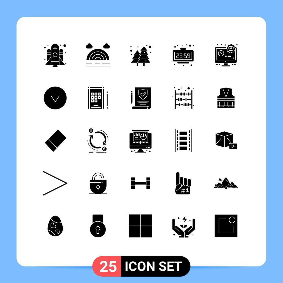 Modern Set of 25 Solid Glyphs and symbols such as sale lcd cityscape watch new year Editable Vector Design Elements