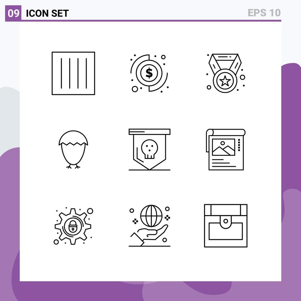 Pack of 9 creative Outlines of board egg money easter education Editable Vector Design Elements