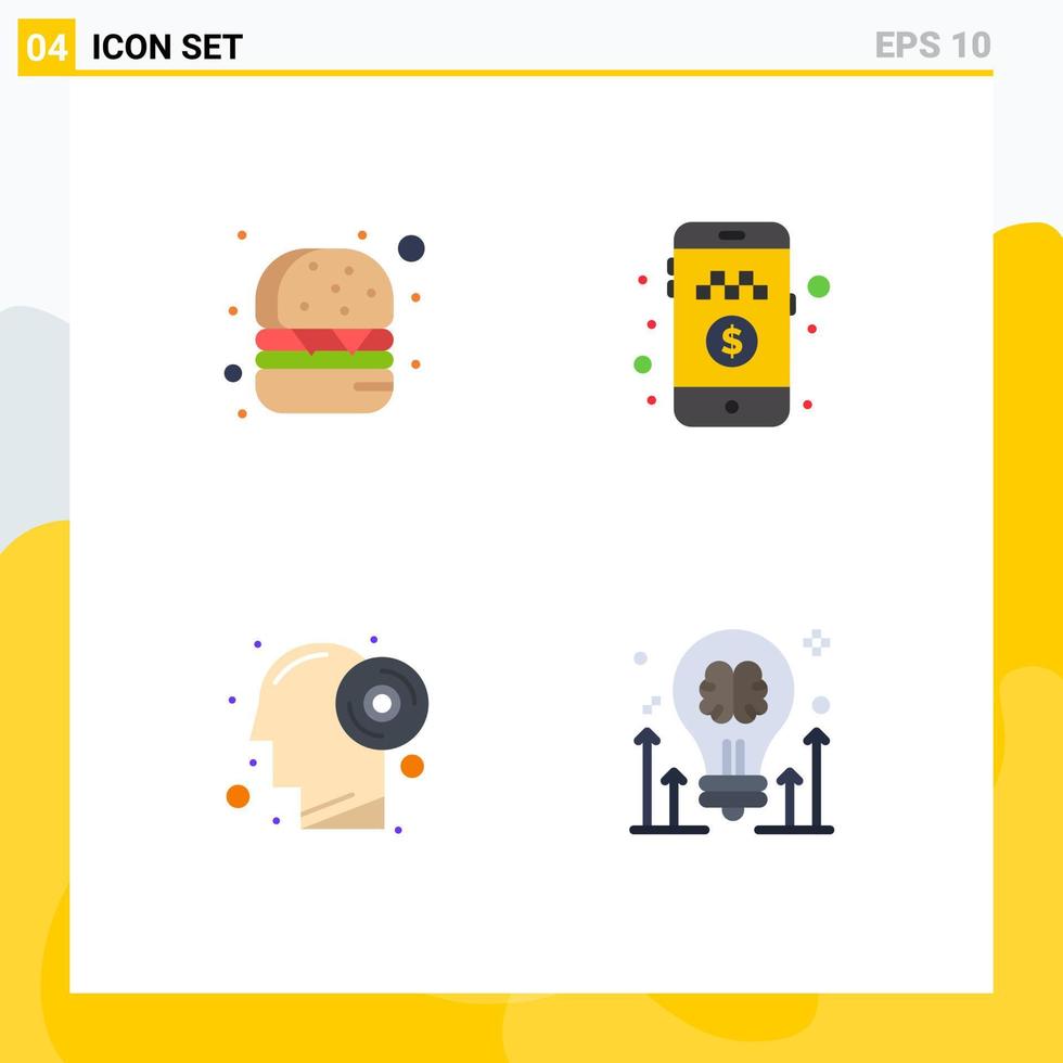 Universal Icon Symbols Group of 4 Modern Flat Icons of burger thinking online cab booking ride brain Editable Vector Design Elements