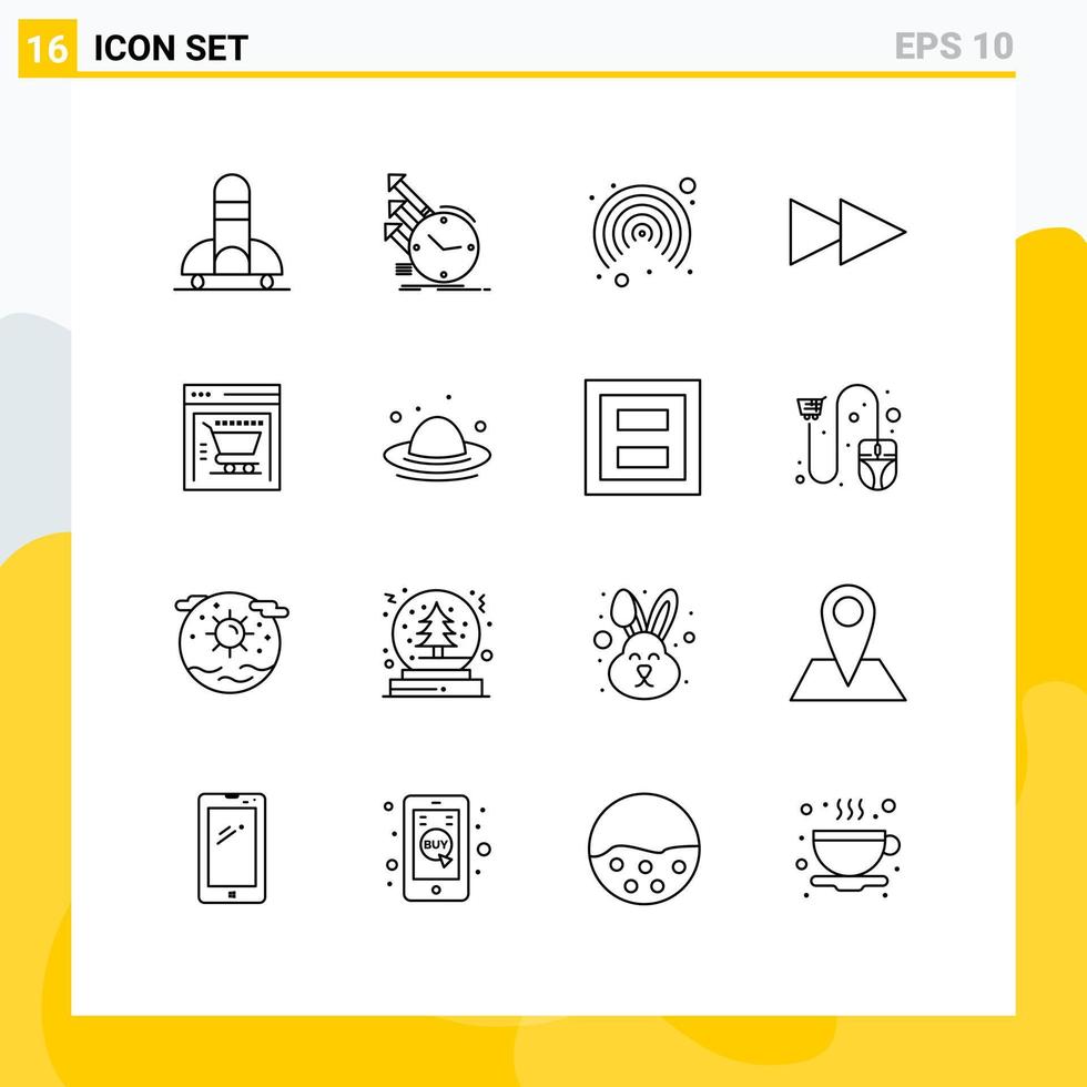 Group of 16 Outlines Signs and Symbols for cap shopping cart research ecommerce forward Editable Vector Design Elements