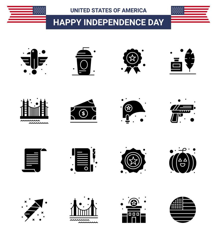 4th July USA Happy Independence Day Icon Symbols Group of 16 Modern Solid Glyphs of american feather holiday adobe independence day Editable USA Day Vector Design Elements