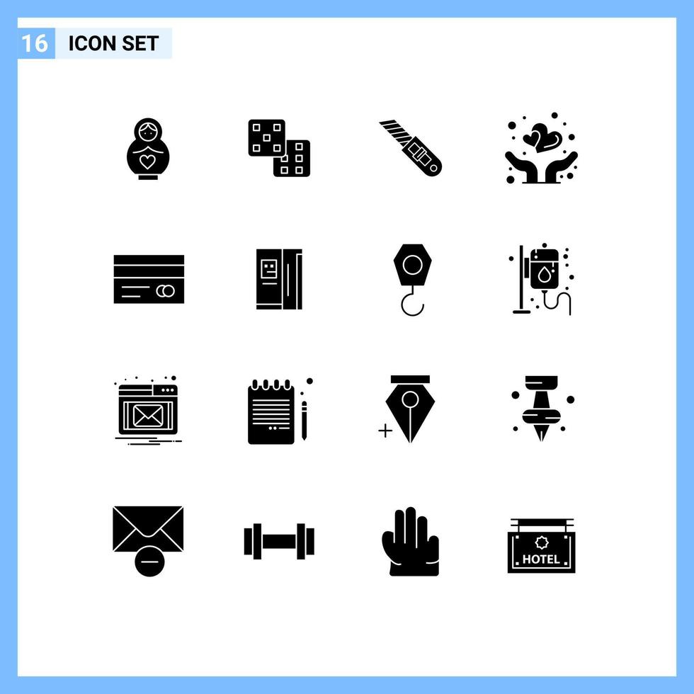 Pictogram Set of 16 Simple Solid Glyphs of credit banking tool protect love Editable Vector Design Elements