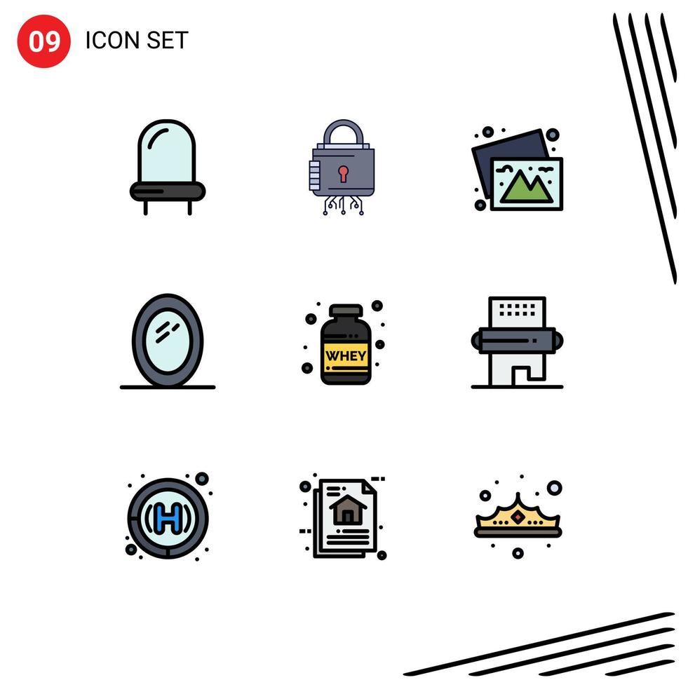 Universal Icon Symbols Group of 9 Modern Filledline Flat Colors of weight nutrition camera mirror furniture Editable Vector Design Elements