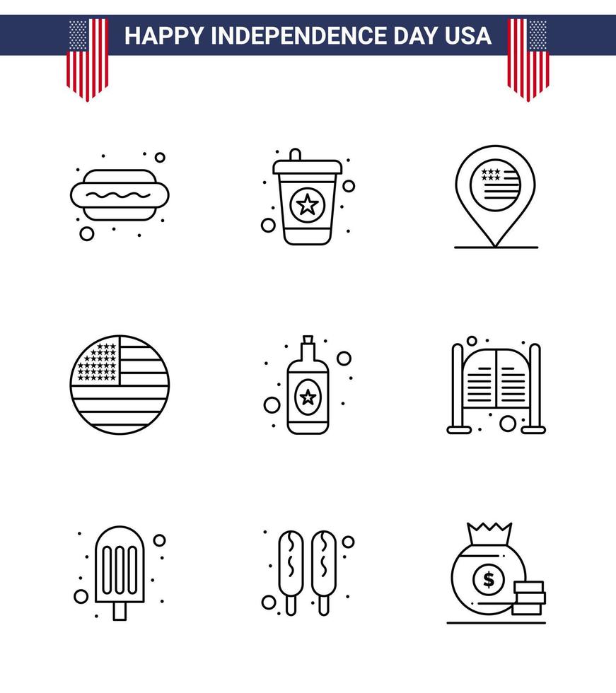 Happy Independence Day 4th July Set of 9 Lines American Pictograph of wine alcohol location usa flag Editable USA Day Vector Design Elements