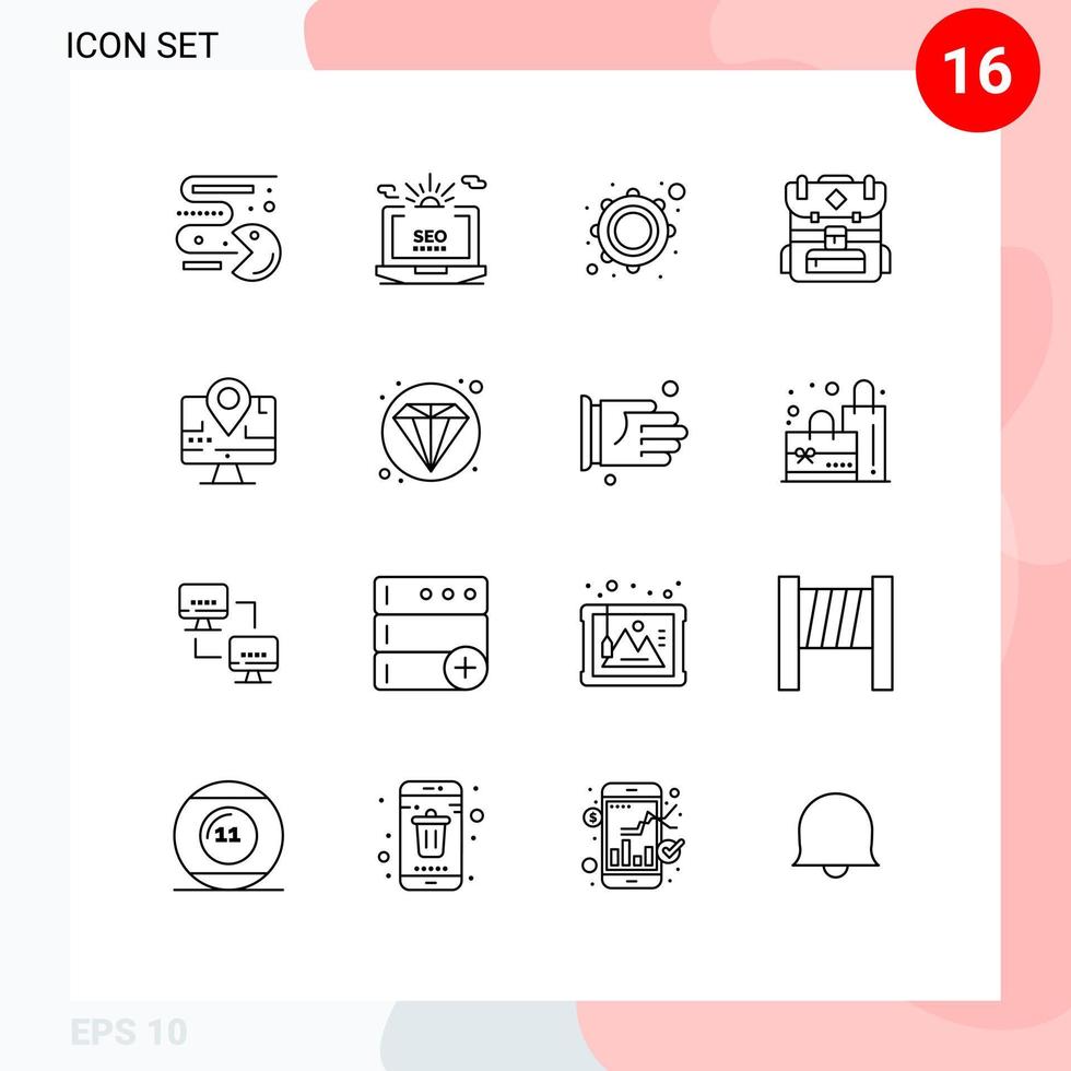 Group of 16 Outlines Signs and Symbols for map hiking web camping tambourine Editable Vector Design Elements