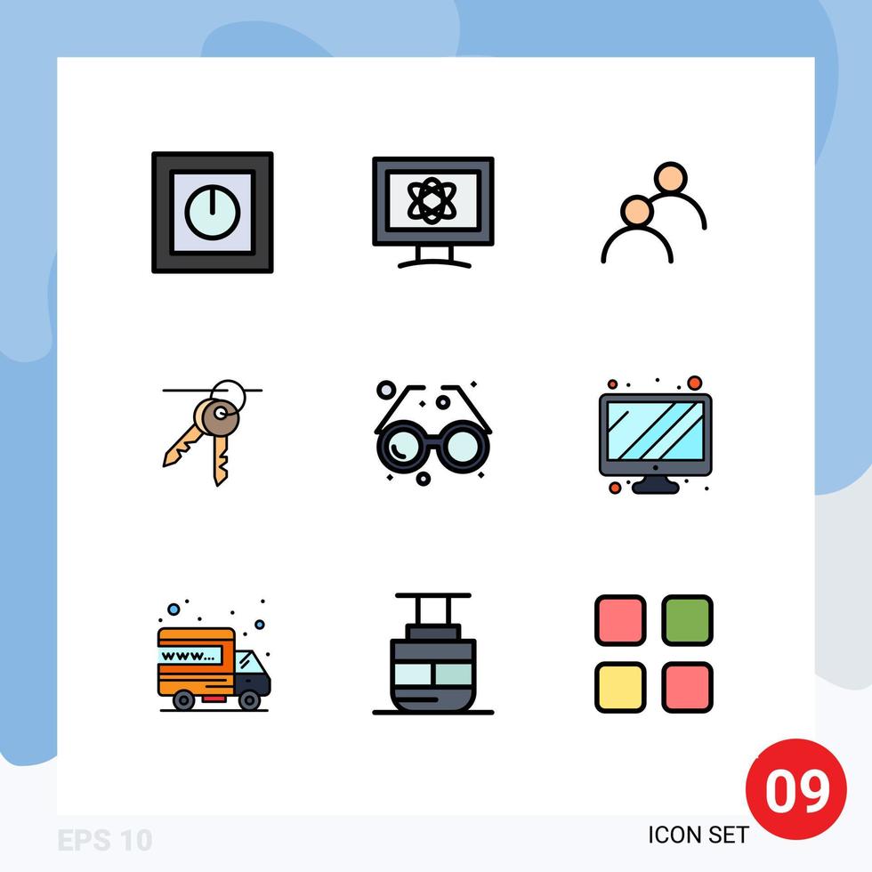 9 Universal Filledline Flat Color Signs Symbols of accessory room space key basic Editable Vector Design Elements