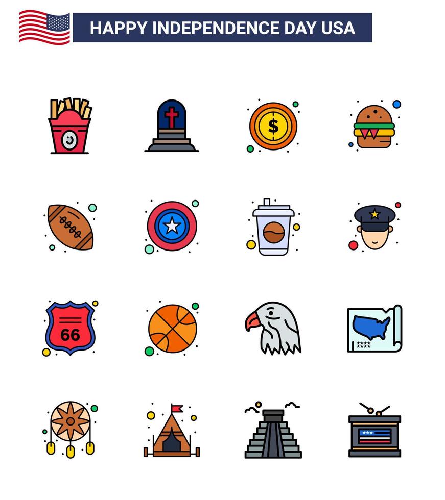4th July USA Happy Independence Day Icon Symbols Group of 16 Modern Flat Filled Lines of rugby meal usa food burger Editable USA Day Vector Design Elements