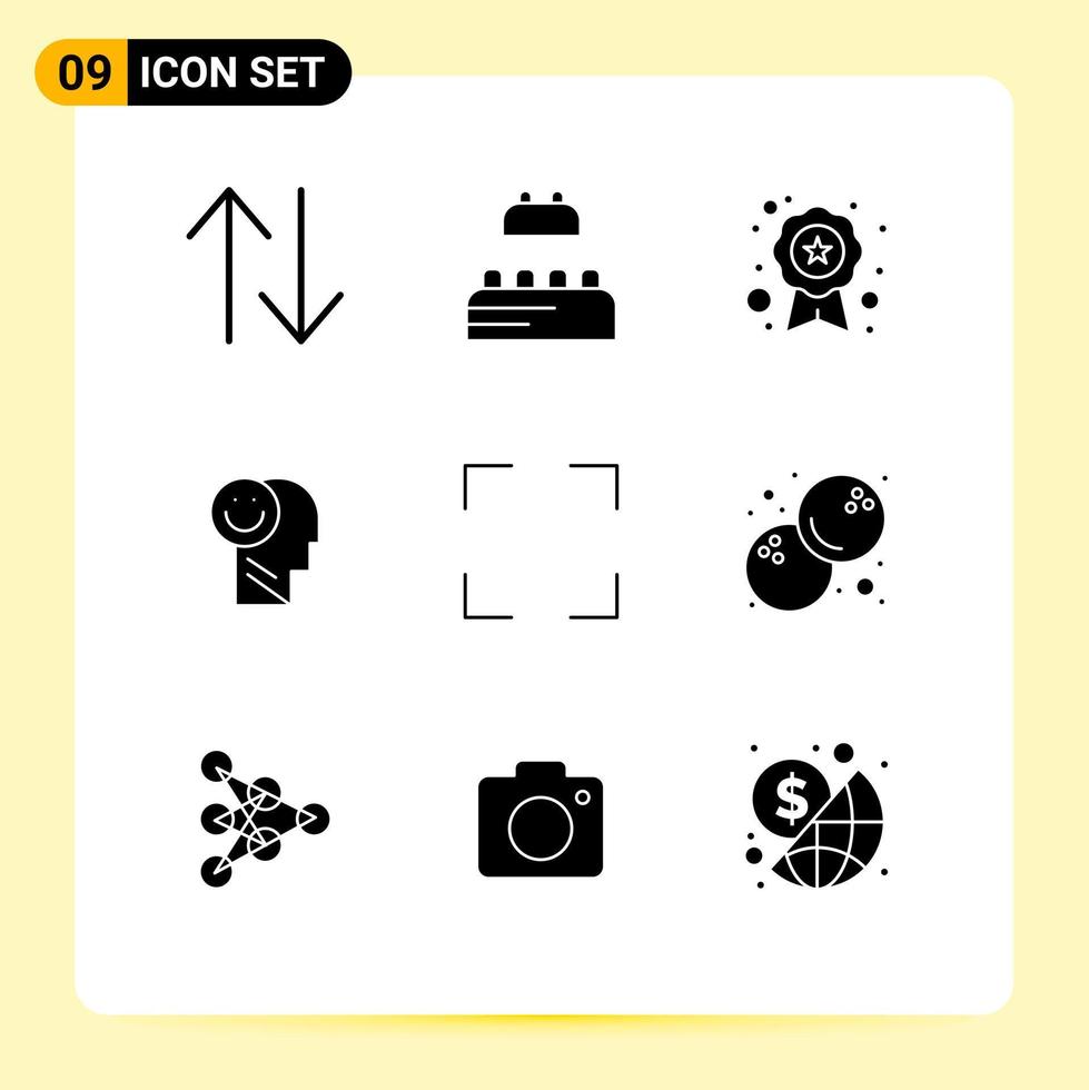9 User Interface Solid Glyph Pack of modern Signs and Symbols of screen full recognition optimism human Editable Vector Design Elements
