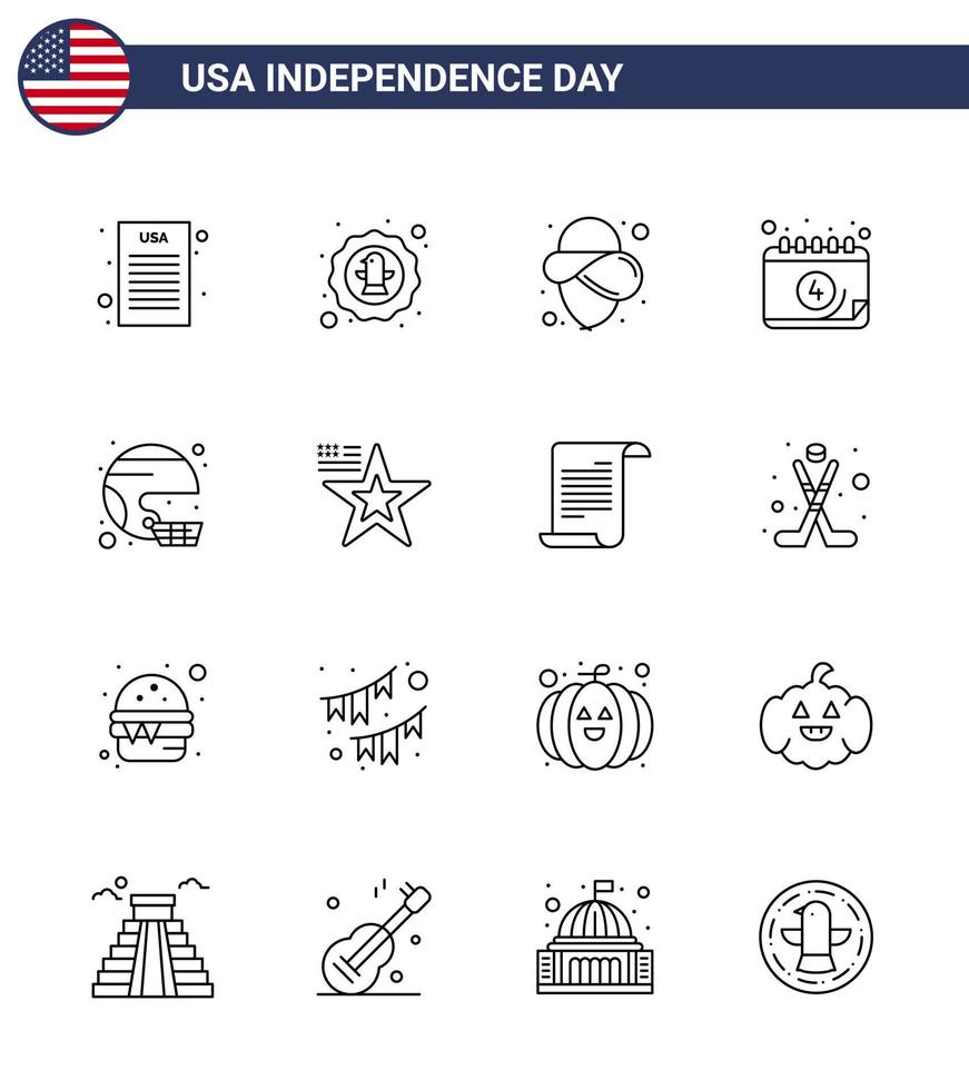 conjunto moderno de 16 líneas y símbolos en el día de la independencia de estados unidos, como el calendario del día de estados unidos americano del casco, elementos de diseño vectorial editables del día de estados unidos vector