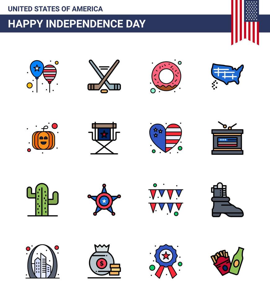 16 USA Flat Filled Line Signs Independence Day Celebration Symbols of pumpkin usa american united map Editable USA Day Vector Design Elements