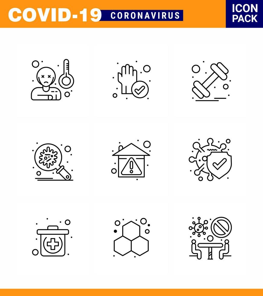 CORONAVIRUS 9 Line Icon set on the theme of Corona epidemic contains icons such as home security dumbbell protection bacteria viral coronavirus 2019nov disease Vector Design Elements