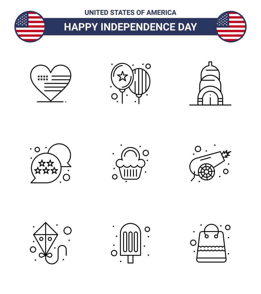 Set of 9 Vector Lines on 4th July USA Independence Day such as sweet cake chrysler chat bubble usa Editable USA Day Vector Design Elements