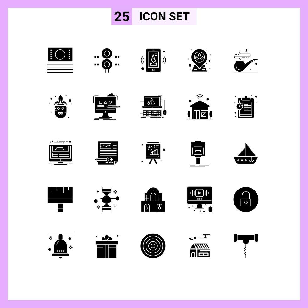 25 Universal Solid Glyphs Set for Web and Mobile Applications smoke party internet pin location Editable Vector Design Elements