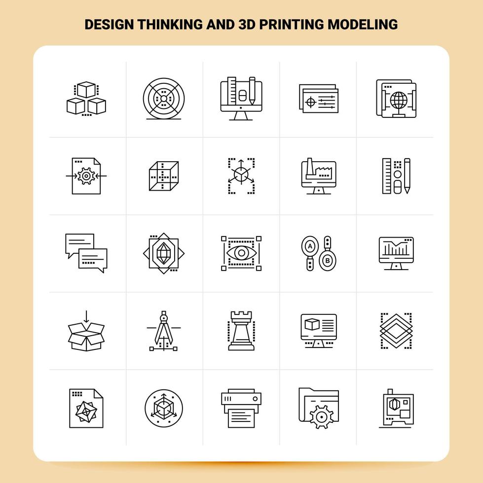 OutLine 25 Design Thinking And 3d Printing Modeling Icon set Vector Line Style Design Black Icons Set Linear pictogram pack Web and Mobile Business ideas design Vector Illustration