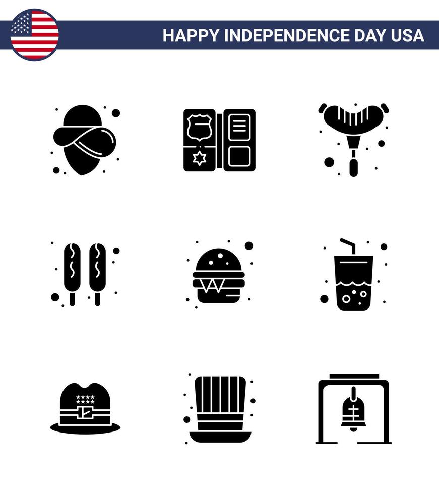 Modern Set of 9 Solid Glyphs and symbols on USA Independence Day such as glass food frankfurter fast food Editable USA Day Vector Design Elements