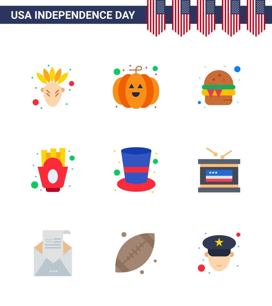 9 USA Flat Signs Independence Day Celebration Symbols of magic hat cap food american fries Editable USA Day Vector Design Elements