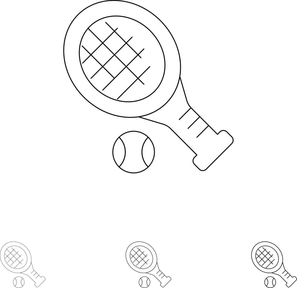 juego de iconos de línea negra audaz y delgada de deporte de tenis de raqueta de pelota vector