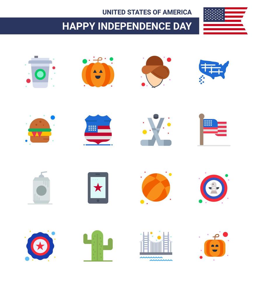 feliz día de la independencia paquete de ee.uu. de 16 pisos creativos de escudo comida sombrero rápido ee.uu. elementos de diseño vectorial editables del día de ee.uu. vector