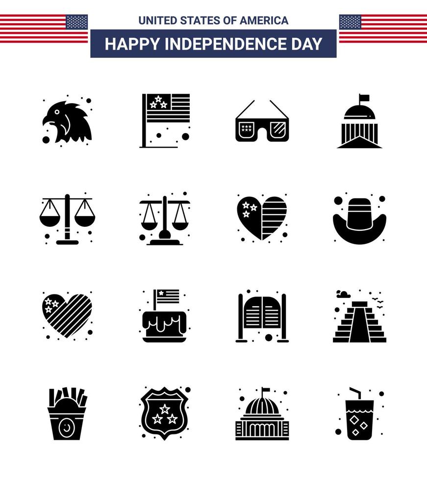 16 USA Solid Glyph Pack of Independence Day Signs and Symbols of justice irish glasses ireland flag Editable USA Day Vector Design Elements
