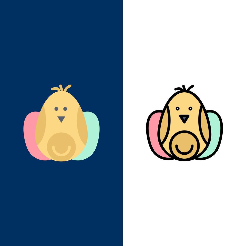 pollo bebé conejo iconos de pascua planos y llenos de línea conjunto de iconos vector fondo azul