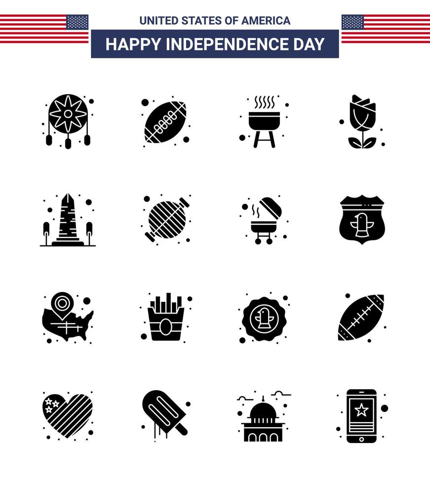 USA Independence Day Solid Glyph Set of 16 USA Pictograms of sight landmark barbecue plent imerican Editable USA Day Vector Design Elements