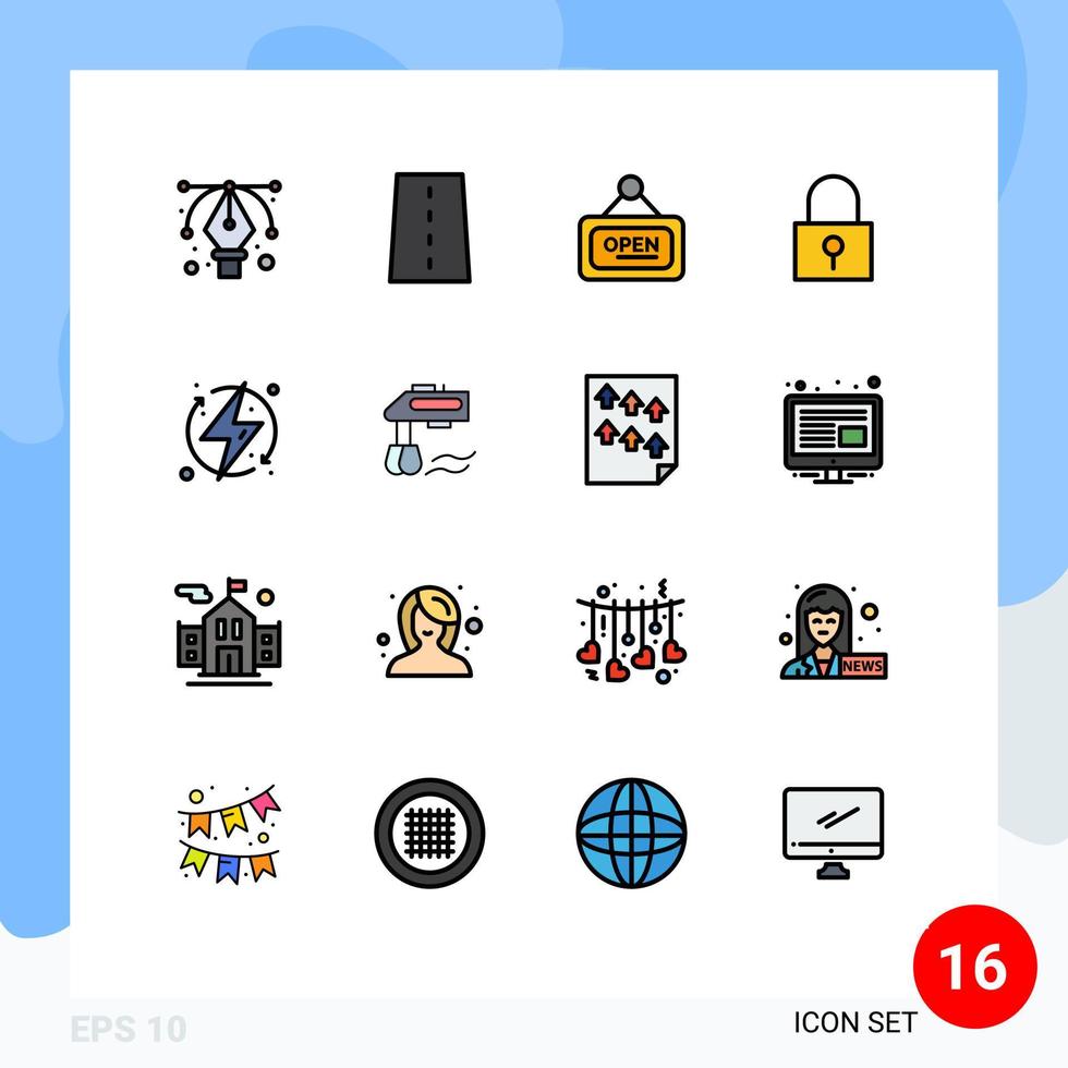 16 Universal Flat Color Filled Lines Set for Web and Mobile Applications ecologic secure password marketing password lock lock Editable Creative Vector Design Elements