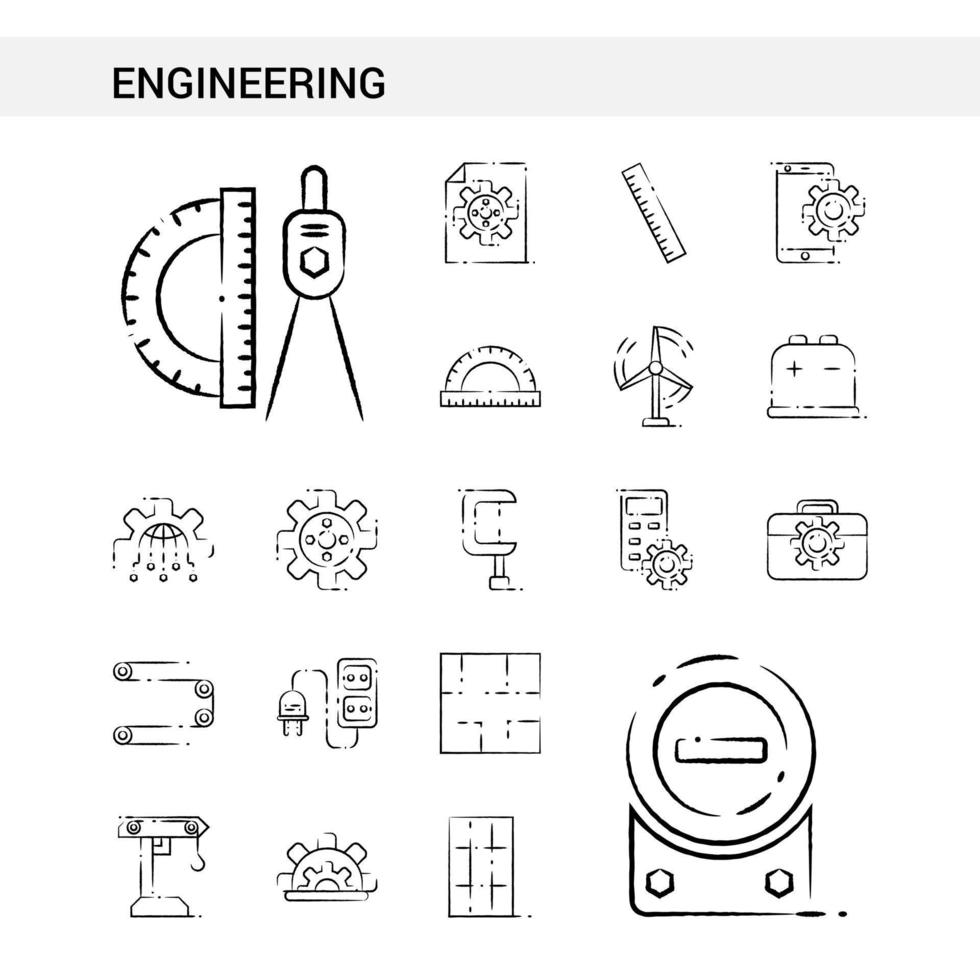 estilo de conjunto de iconos dibujados a mano de ingeniería aislado en vector de fondo blanco