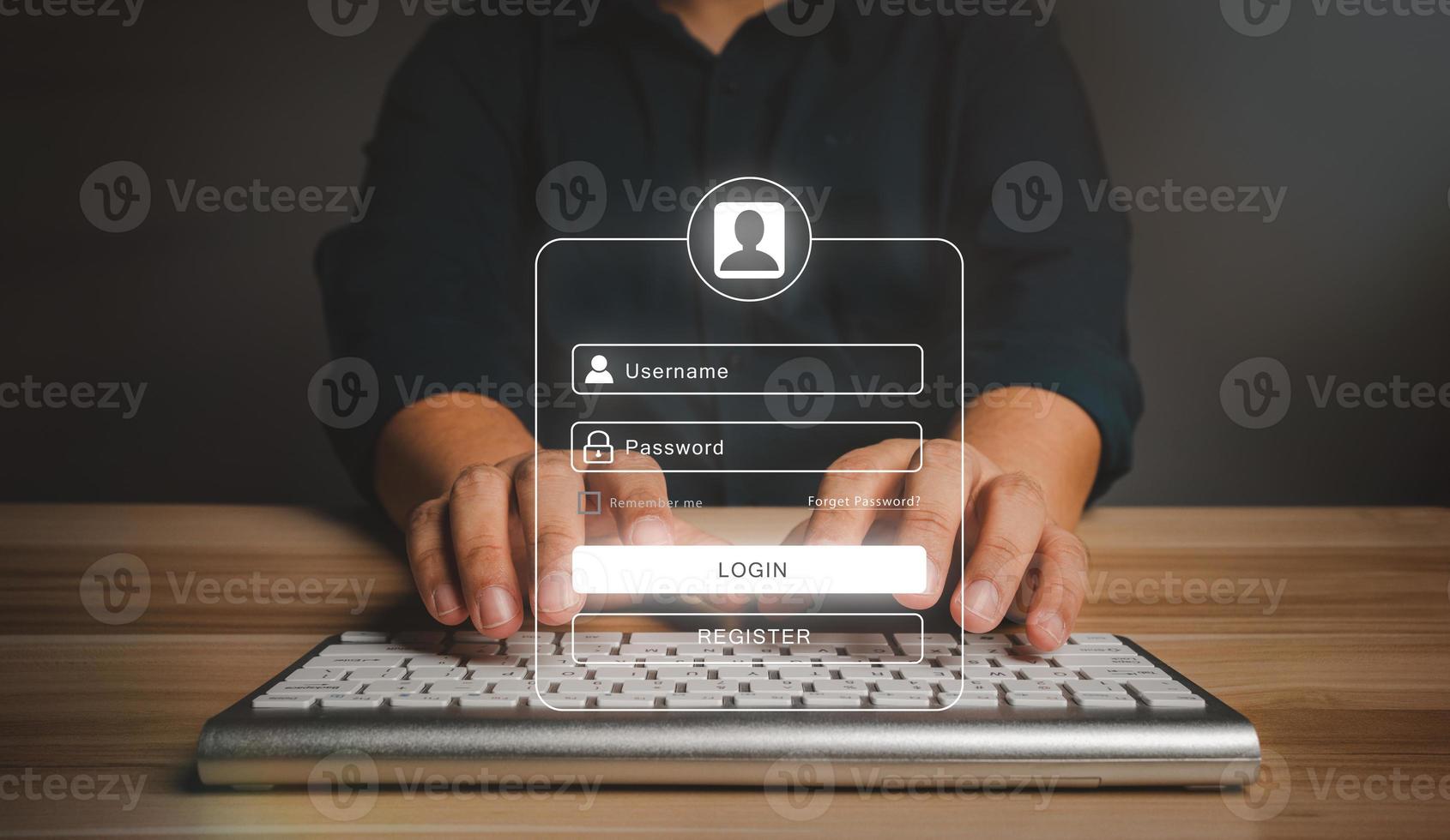 Businessman using notebook to type user and passwords for login financial applications, identification information security, and encryption, Concept of Cyber security for internet access photo