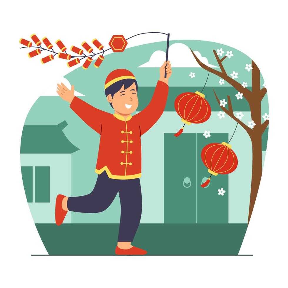 Chinese New Year Activity with Boy Playing Firecrackers vector