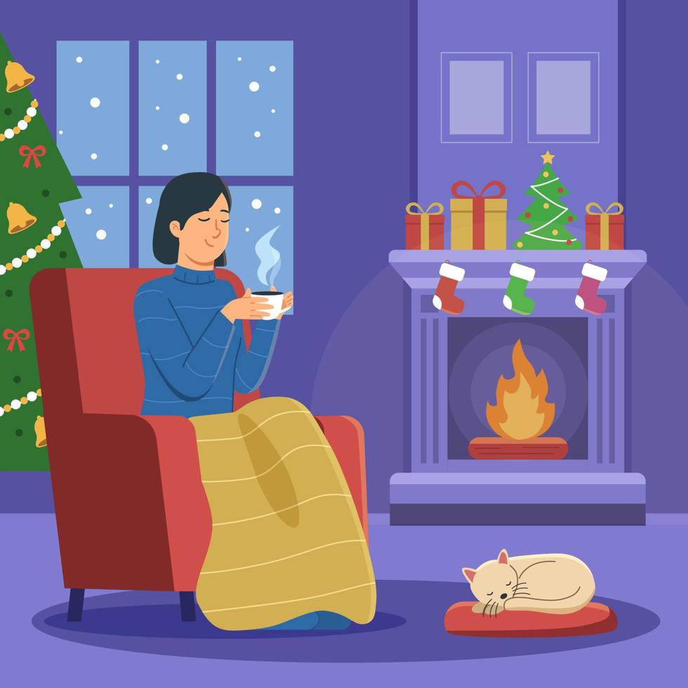 Woman Drinking Hot Tea at Home vector