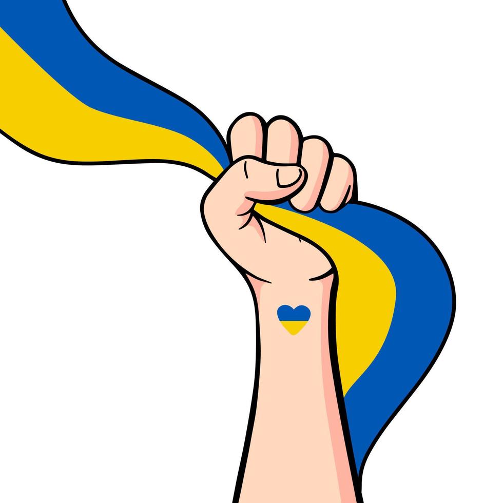 Save Ukraine demonstration, Stop War peaceful protest poster. Human arm fist with Ukrainian flag. Background vector illustration with copy space