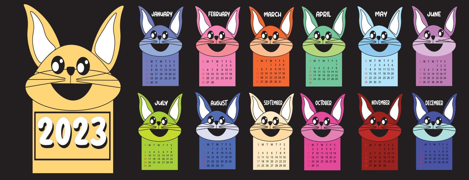 Rabbit calendar template for 2023. Vertical design with bright and cute simple illustrations of cute rabbit. vector