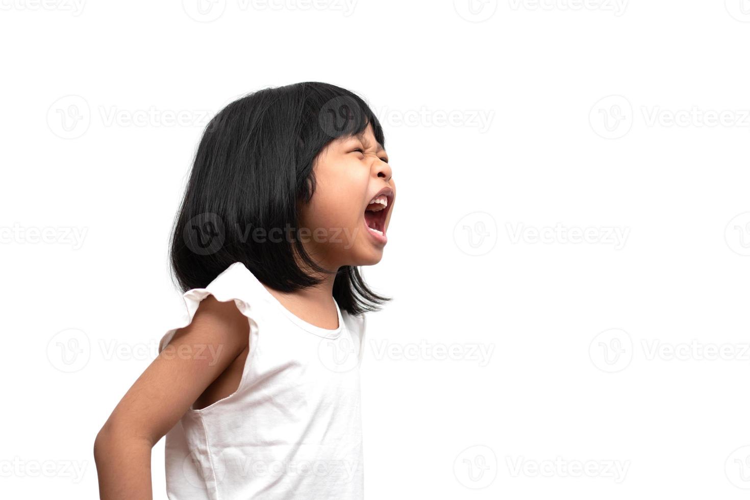 Portrait of angry emotional Asian girl screaming and frustrated shouting with anger, crazy and yelling on white background, Concept of attention deficit hyperactivity disorder ADHD photo