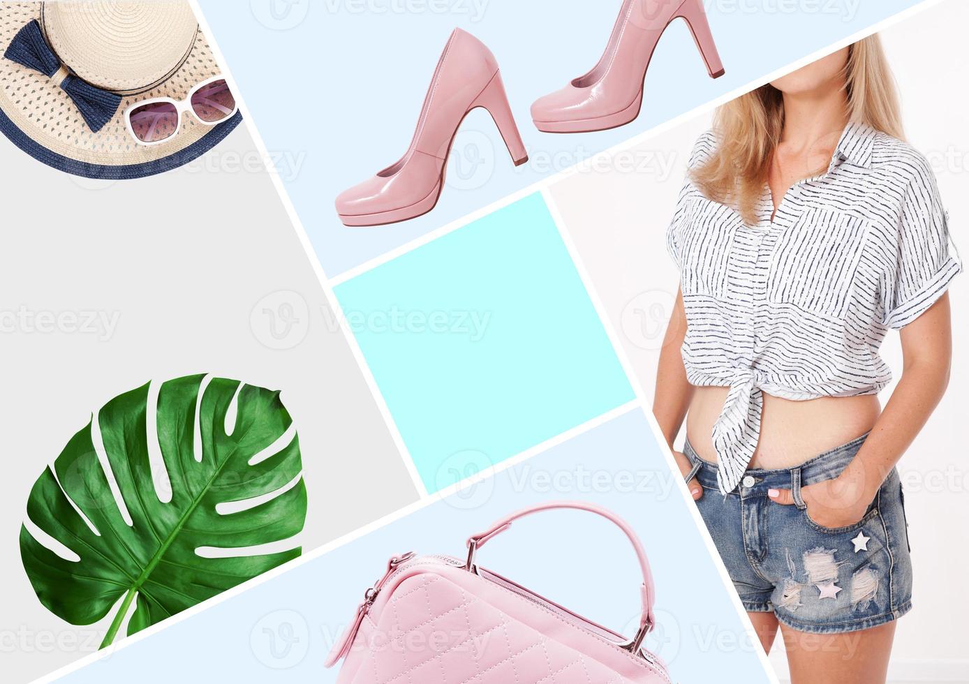 Trendy accessories clothes fashion set. Stylish woman accessories, handbag clutch, denim, glamor shoes, hat and sunglasses. Summer outfit photo