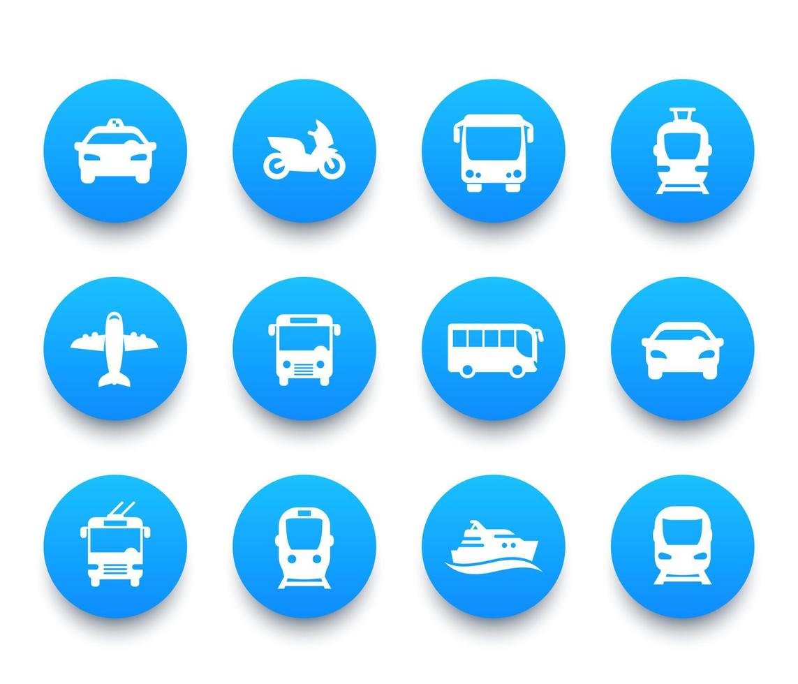 Passenger transport icons set, bus, subway, tram, train, taxi, car, airplane, cab, and ship vector