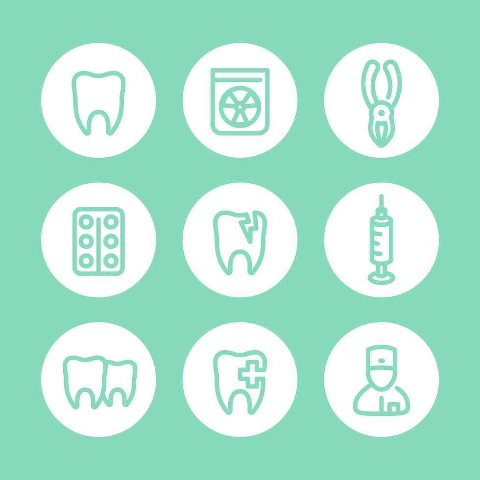 iconos dentales, dentista, cuidado dental, cuidado dental, estomatología, conjunto de pictogramas de línea, ilustración vectorial vector