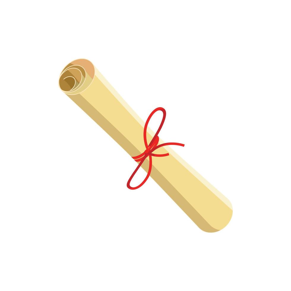 Rolled paper with red tape icon, cartoon style vector