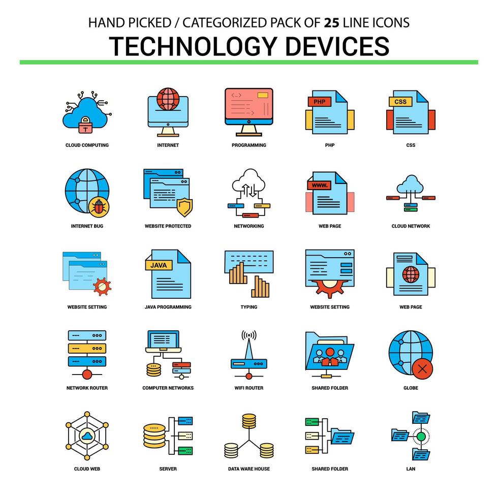 conjunto de iconos de línea plana de dispositivo de tecnología diseño de iconos de concepto de negocio vector