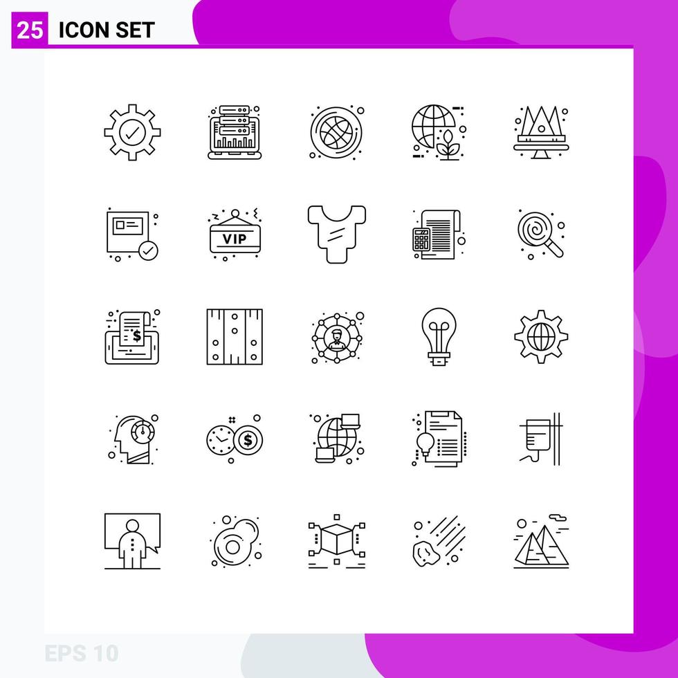 Mobile Interface Line Set of 25 Pictograms of crown world ball green global Editable Vector Design Elements