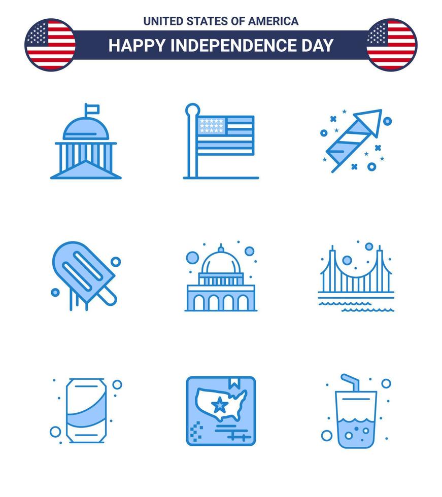 Happy Independence Day 9 Blues Icon Pack for Web and Print capitol american usa cream holiday Editable USA Day Vector Design Elements