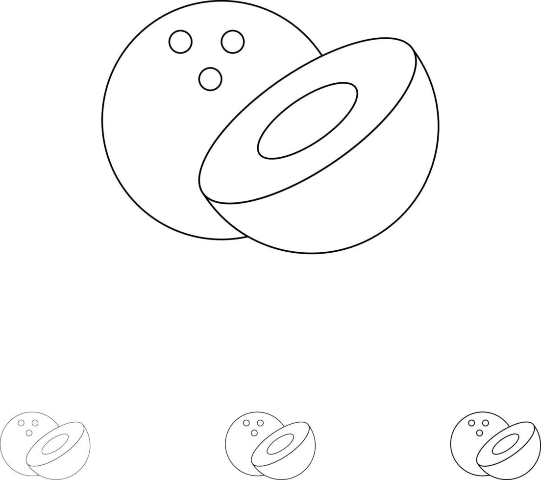 Coconut Food Bold and thin black line icon set vector