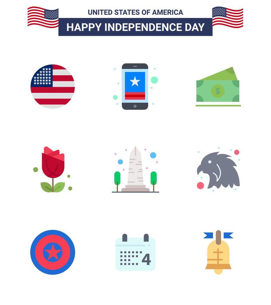 USA Independence Day Flat Set of 9 USA Pictograms of landmark usa phone imerican usa Editable USA Day Vector Design Elements