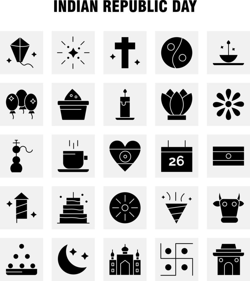 día de la república india paquete de iconos de glifos sólidos para diseñadores y desarrolladores iconos del festival de cometas volando india olla india día de comida vector