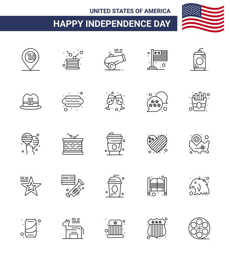Happy Independence Day 4th July Set of 25 Lines American Pictograph of bottle international independence flag mortar Editable USA Day Vector Design Elements