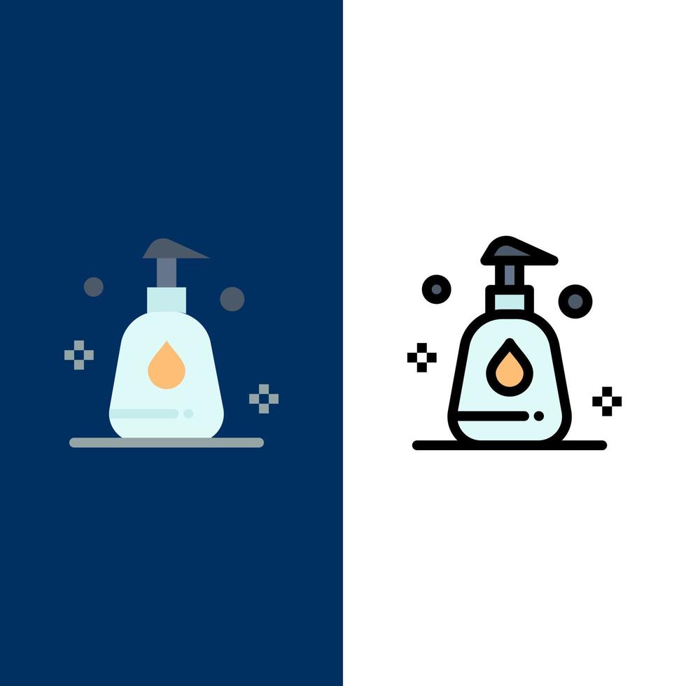 spray de limpieza limpiar iconos planos y llenos de línea conjunto de iconos vector fondo azul